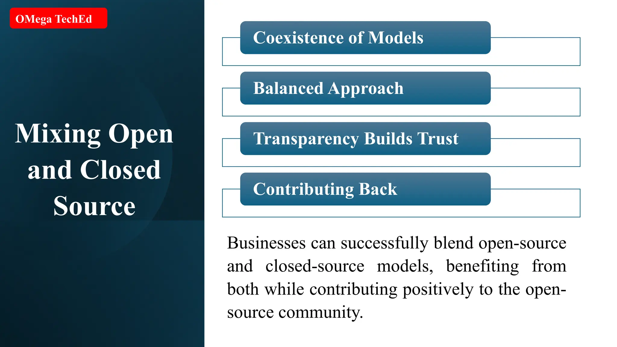 Mixing Open and Closed Source Businesses can successfully blend open-source and closed-source models, benefiting from both while contributing positively to the open- source community. OMega TechEd Coexistence of Models Balanced Approach Transparency Builds Trust Contributing Back 