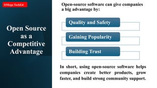 Open Source
as a
Competitive
Advantage
Open-source software can give companies
a big advantage by:
Quality and Safety
Gaining Popularity
Building Trust
In short, using open-source software helps
companies create better products, grow
faster, and build strong community support.
OMega TechEd
 