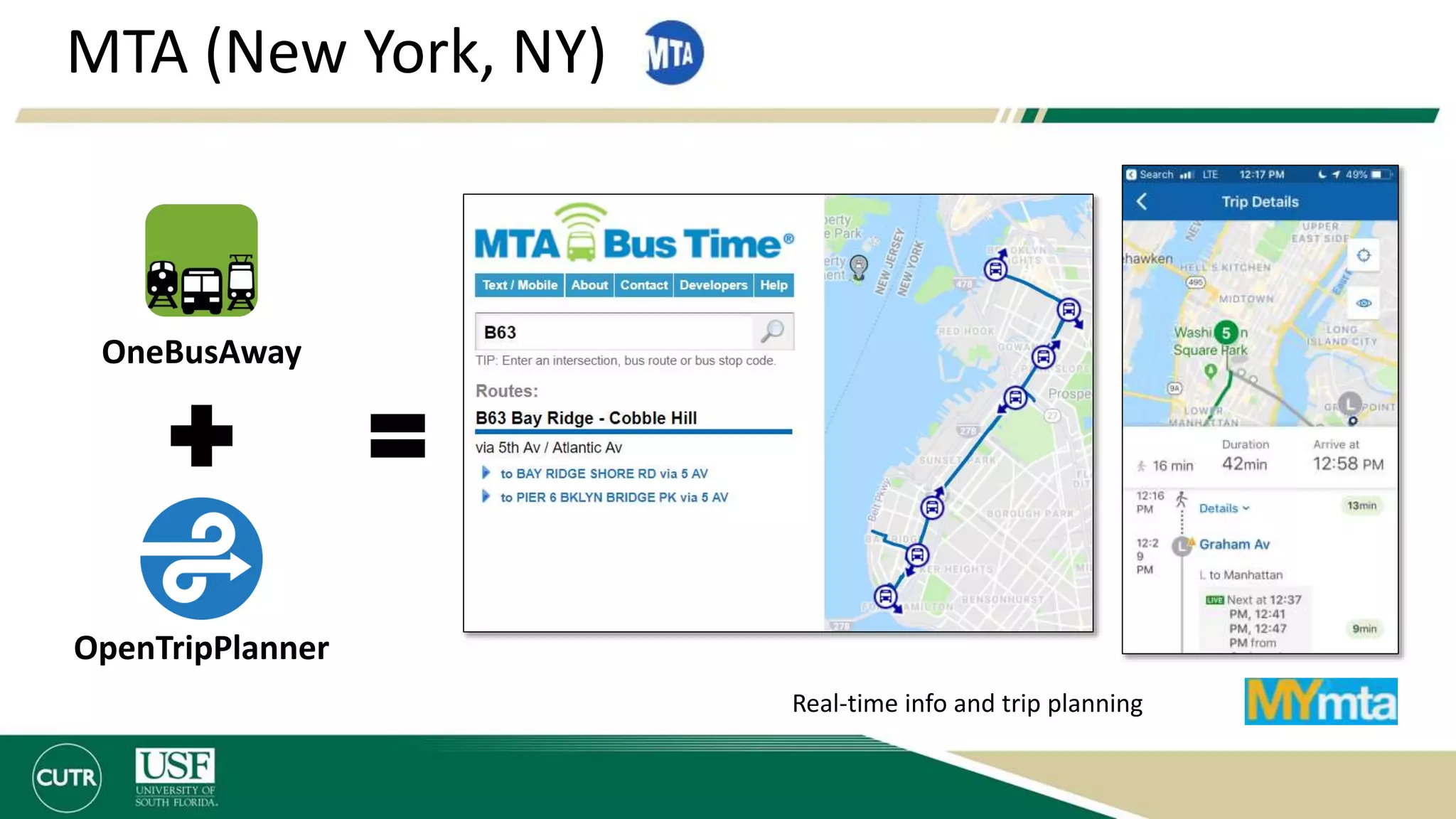 MTA (New York, NY)
OpenTripPlanner
OneBusAway
Real-time info and trip planning
 