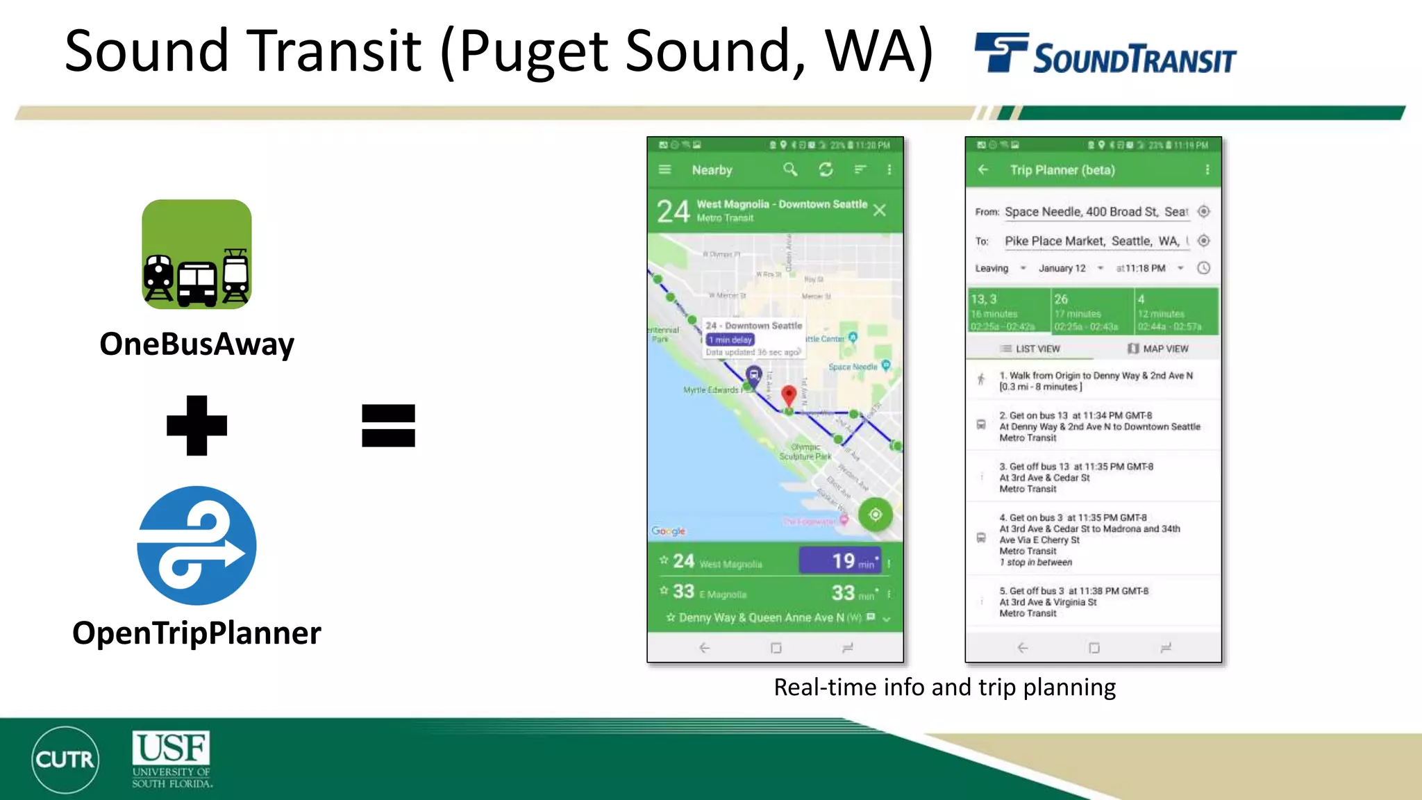 Sound Transit (Puget Sound, WA)
OpenTripPlanner
OneBusAway
Real-time info and trip planning
 
