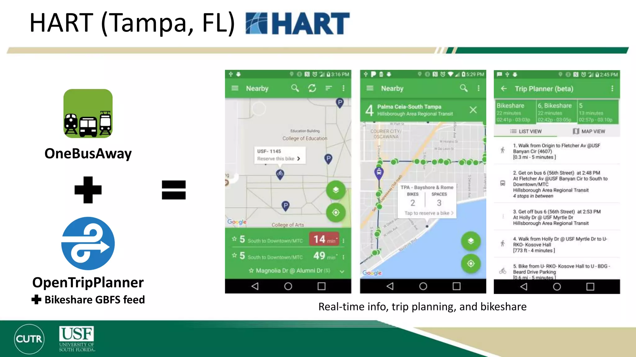 HART (Tampa, FL)
OpenTripPlanner
OneBusAway
Real-time info, trip planning, and bikeshare
Bikeshare GBFS feed
 
