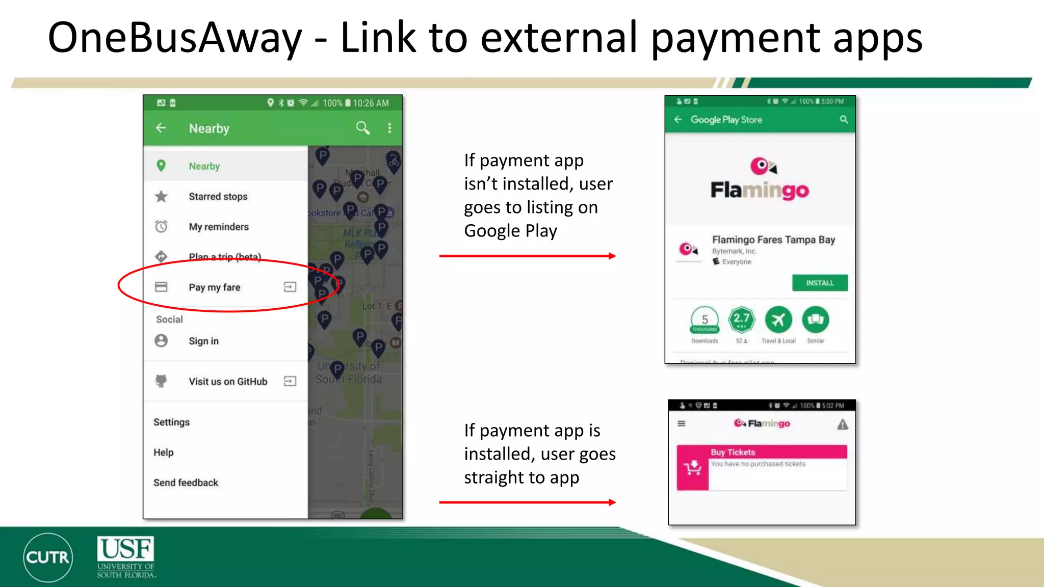 OneBusAway - Link to external payment apps
If payment app
isn’t installed, user
goes to listing on
Google Play
If payment app is
installed, user goes
straight to app
 