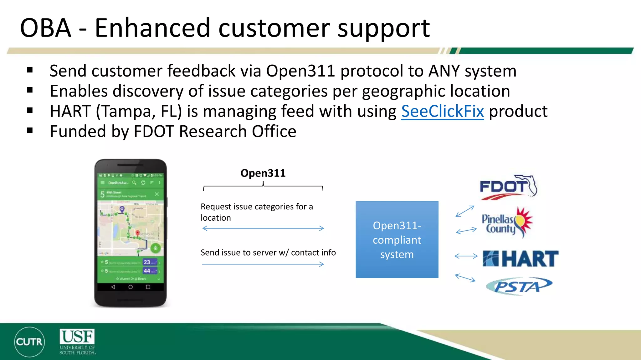 OBA - Enhanced customer support
 Send customer feedback via Open311 protocol to ANY system
 Enables discovery of issue categories per geographic location
 HART (Tampa, FL) is managing feed with using SeeClickFix product
 Funded by FDOT Research Office
Open311
Open311-
compliant
system
Request issue categories for a
location
Send issue to server w/ contact info
 