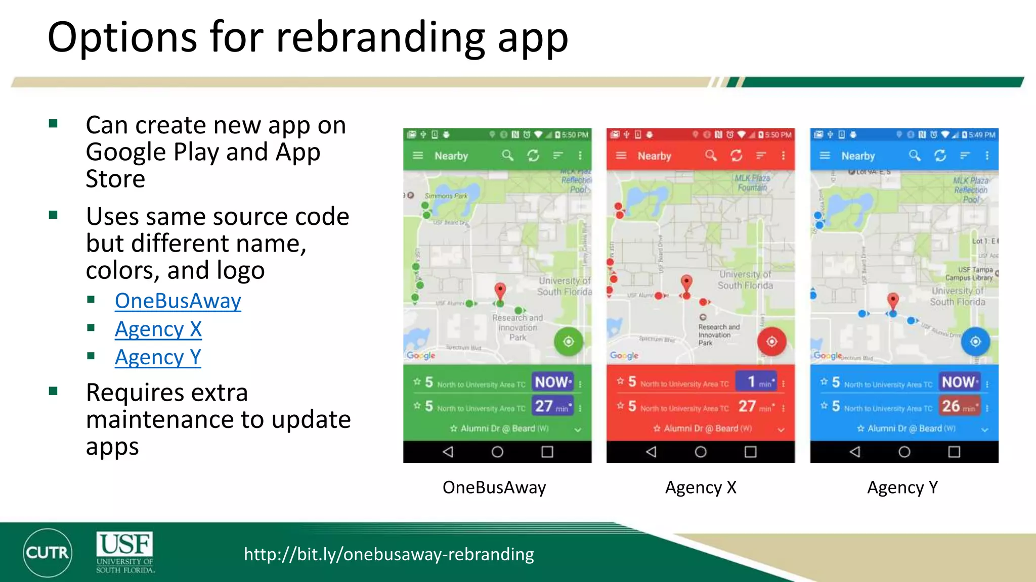 Options for rebranding app
 Can create new app on
Google Play and App
Store
 Uses same source code
but different name,
colors, and logo
 OneBusAway
 Agency X
 Agency Y
 Requires extra
maintenance to update
apps
http://bit.ly/onebusaway-rebranding
OneBusAway Agency X Agency Y
 