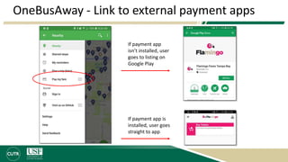 OneBusAway - Link to external payment apps
If payment app
isn’t installed, user
goes to listing on
Google Play
If payment app is
installed, user goes
straight to app
 