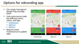 Options for rebranding app
 Can create new app on
Google Play and App
Store
 Uses same source code
but different name,
colors, and logo
 OneBusAway
 Agency X
 Agency Y
 Requires extra
maintenance to update
apps
http://bit.ly/onebusaway-rebranding
OneBusAway Agency X Agency Y
 