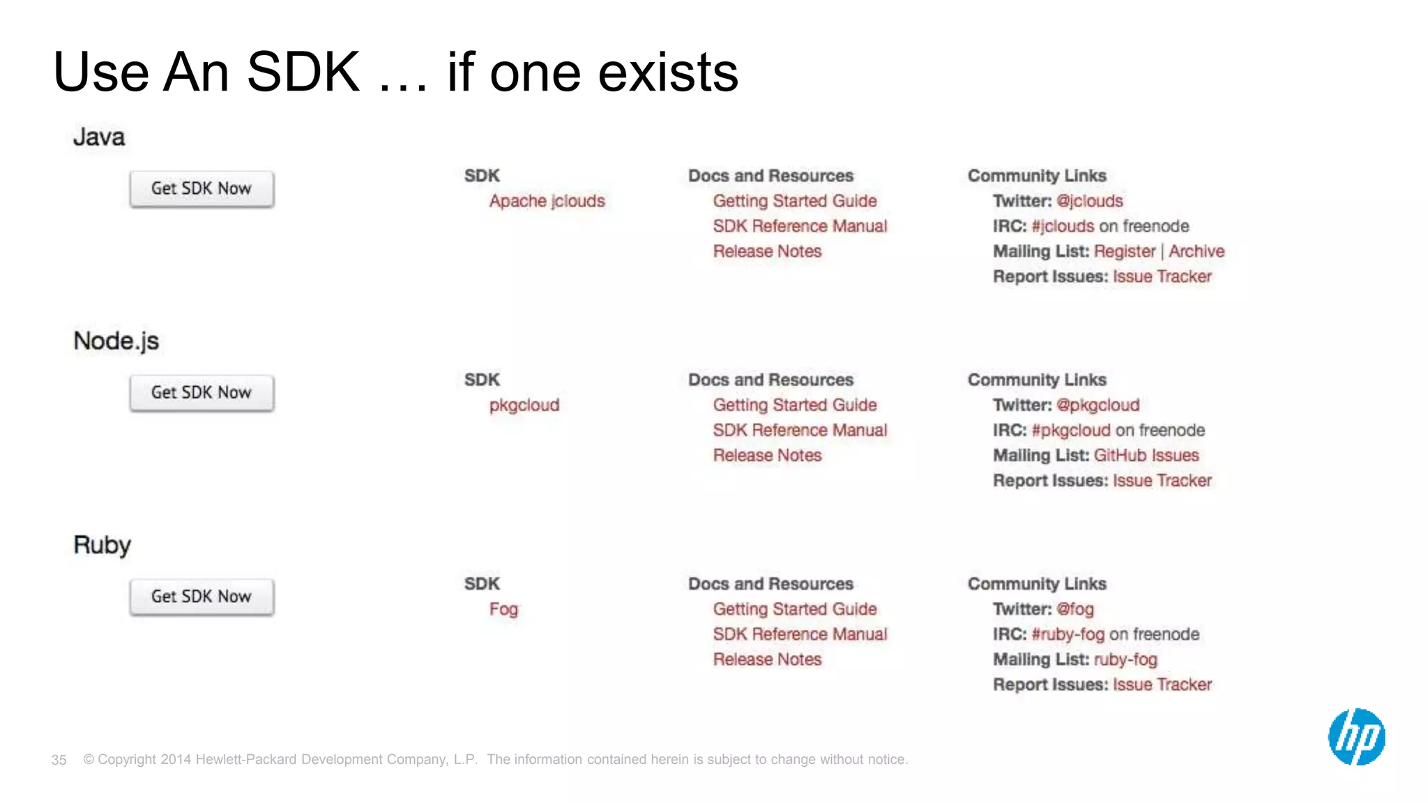 Use An SDK … if one exists 
© Copyright 2014 Hewlett-Packard Development Company, L.P. The information contained herein is subject 35 to change without notice. 
 