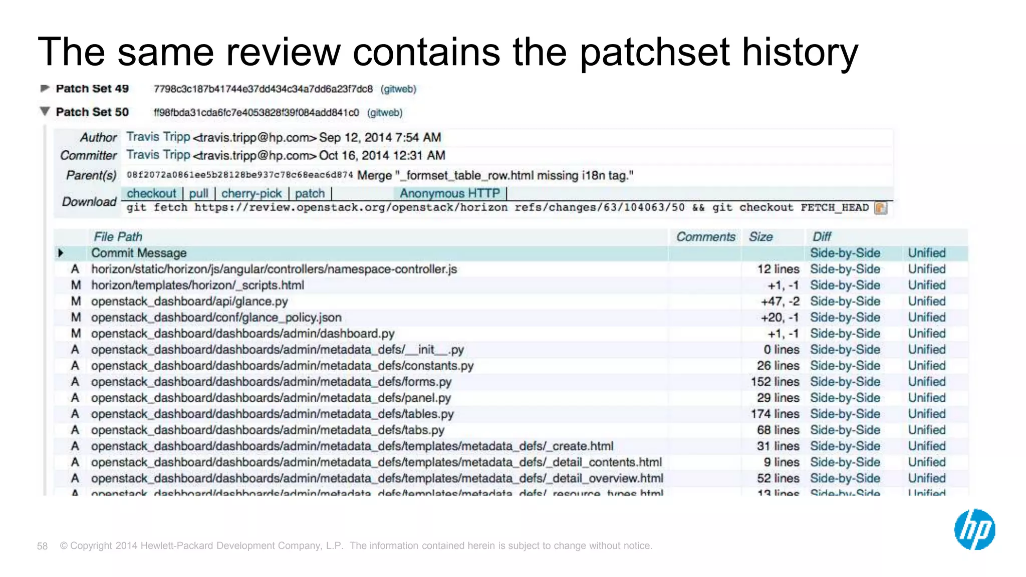 The same review contains the patchset history 
© Copyright 2014 Hewlett-Packard Development Company, L.P. The information contained herein is subject 58 to change without notice. 
 