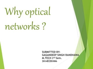Why optical
networks ?
SUBMITTED BY:
GAGANDEEP SINGH RANDHAWA
M.TECH 2nd Sem.
2014ECB1006
 