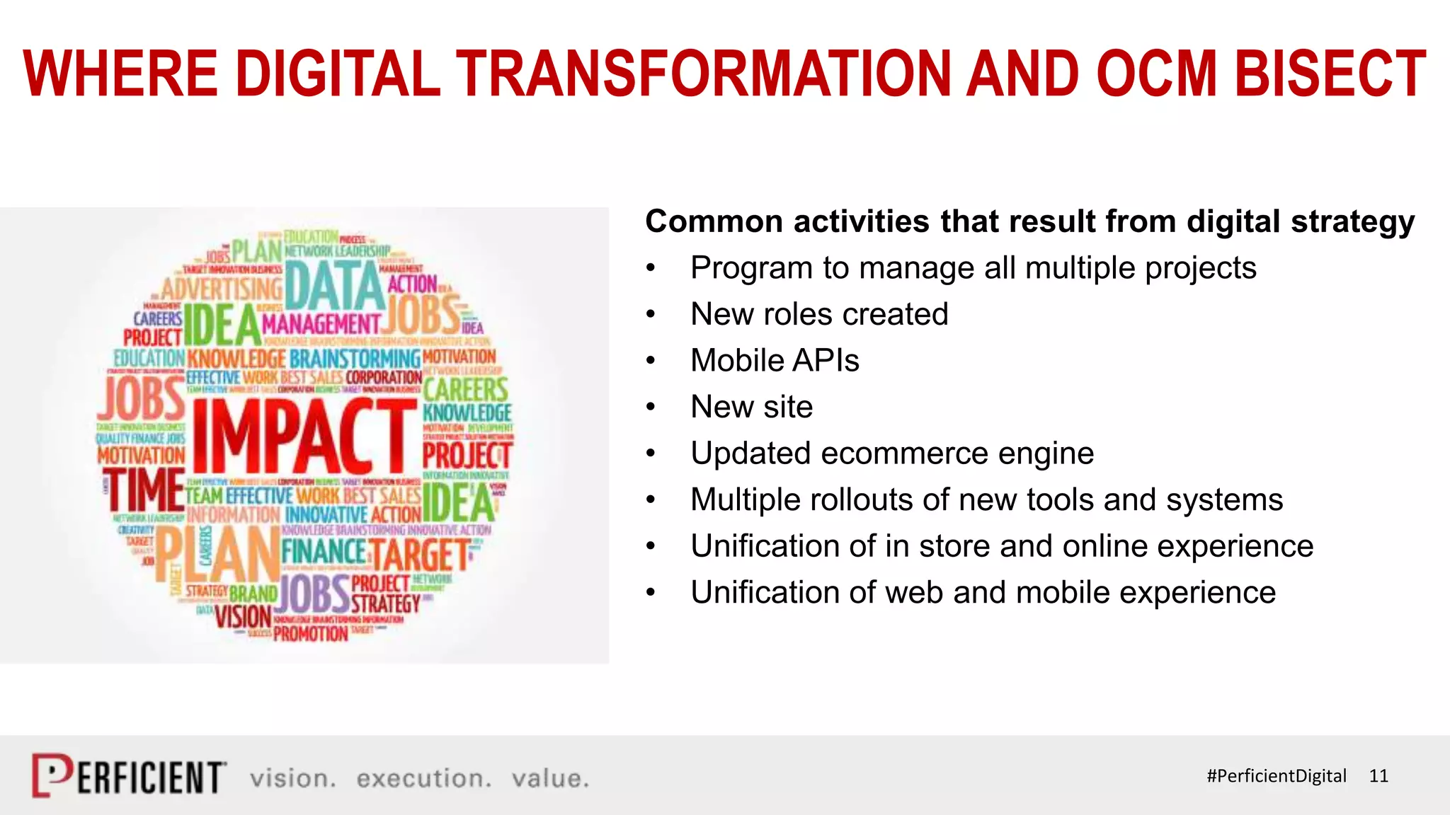 11#PerficientDigital
WHERE DIGITAL TRANSFORMATION AND OCM BISECT
Common activities that result from digital strategy
• Program to manage all multiple projects
• New roles created
• Mobile APIs
• New site
• Updated ecommerce engine
• Multiple rollouts of new tools and systems
• Unification of in store and online experience
• Unification of web and mobile experience
 