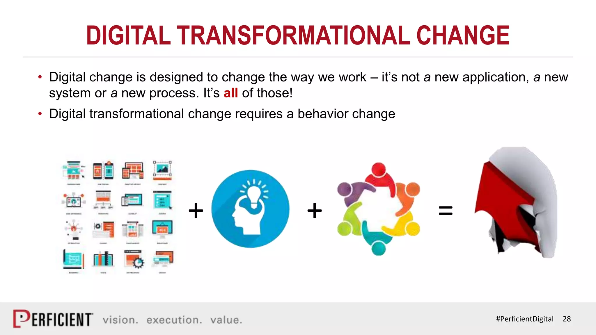 28#PerficientDigital
DIGITAL TRANSFORMATIONAL CHANGE
• Digital change is designed to change the way we work – it’s not a new application, a new
system or a new process. It’s all of those!
• Digital transformational change requires a behavior change
+ + =
 
