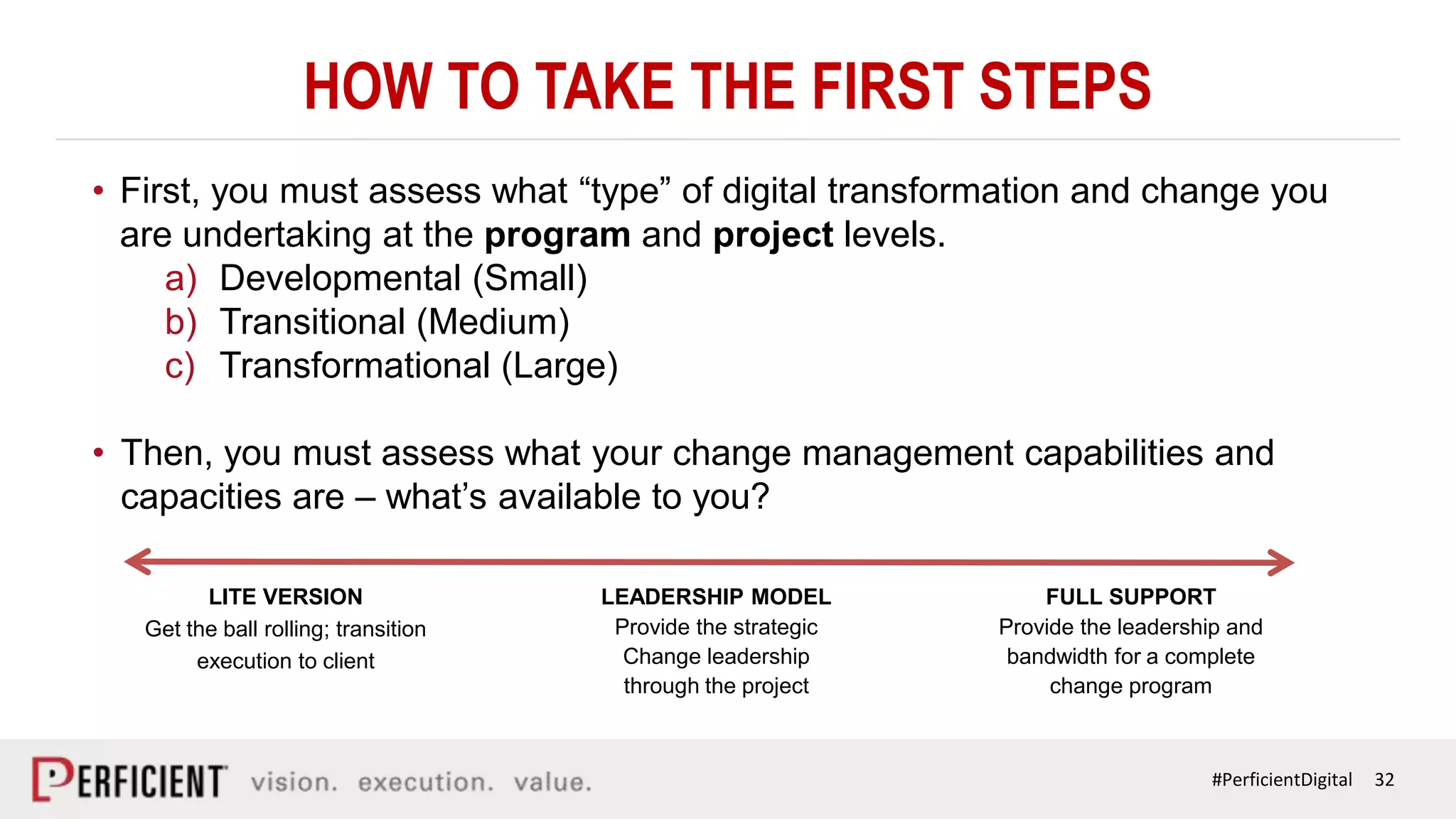 32#PerficientDigital
HOW TO TAKE THE FIRST STEPS
• First, you must assess what “type” of digital transformation and change you
are undertaking at the program and project levels.
a) Developmental (Small)
b) Transitional (Medium)
c) Transformational (Large)
• Then, you must assess what your change management capabilities and
capacities are – what’s available to you?
LITE VERSION
Get the ball rolling; transition
execution to client
LEADERSHIP MODEL
Provide the strategic
Change leadership
through the project
FULL SUPPORT
Provide the leadership and
bandwidth for a complete
change program
 