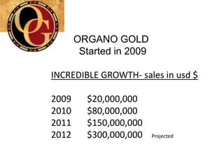 ORGANO GOLD
        Started in 2009

INCREDIBLE GROWTH- sales in usd $

2009     $20,000,000
2010     $80,000,000
2011     $150,000,000
2012     $300,000,000     Projected
 
