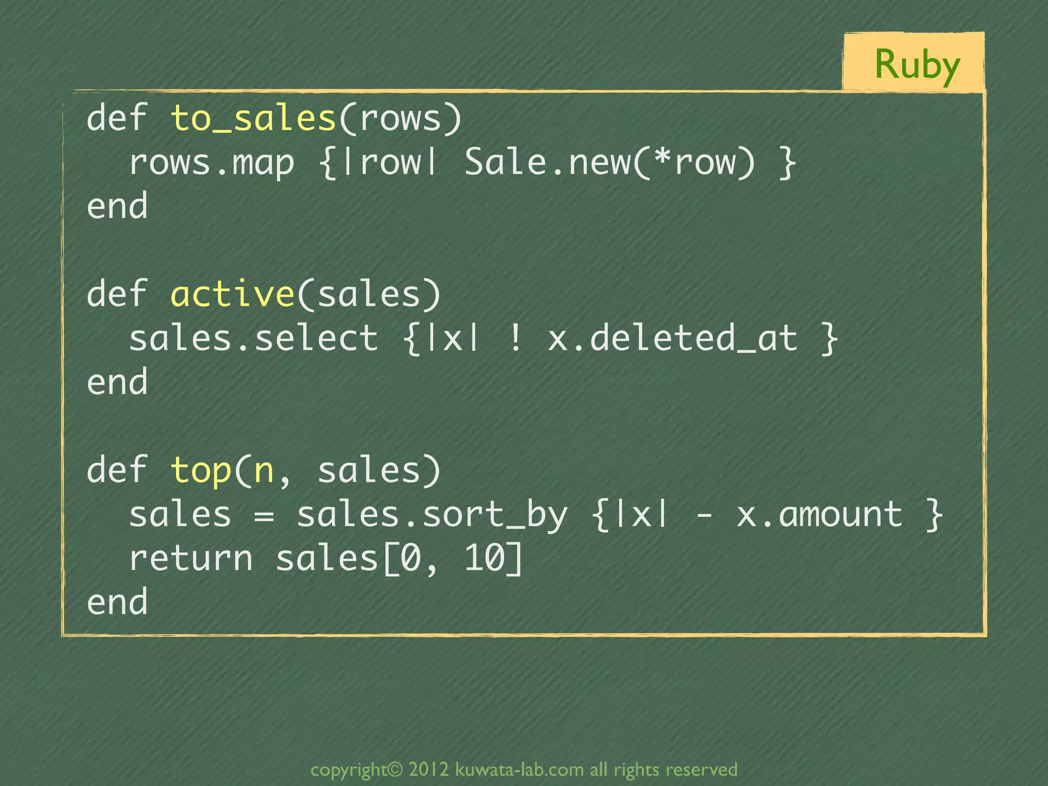 Ruby
def	 to_sales(rows)
	 	 rows.map	 {|row|	 Sale.new(*row)	 }
end

def	 active(sales)
	 	 sales.select	 {|x|	 !	 x.deleted_at	 }
end

def	 top(n,	 sales)
	 	 sales	 =	 sales.sort_by	 {|x|	 -	 x.amount	 }
	 	 return	 sales[0,	 10]
end


            copyright© 2012 kuwata-lab.com all rights reserved
 