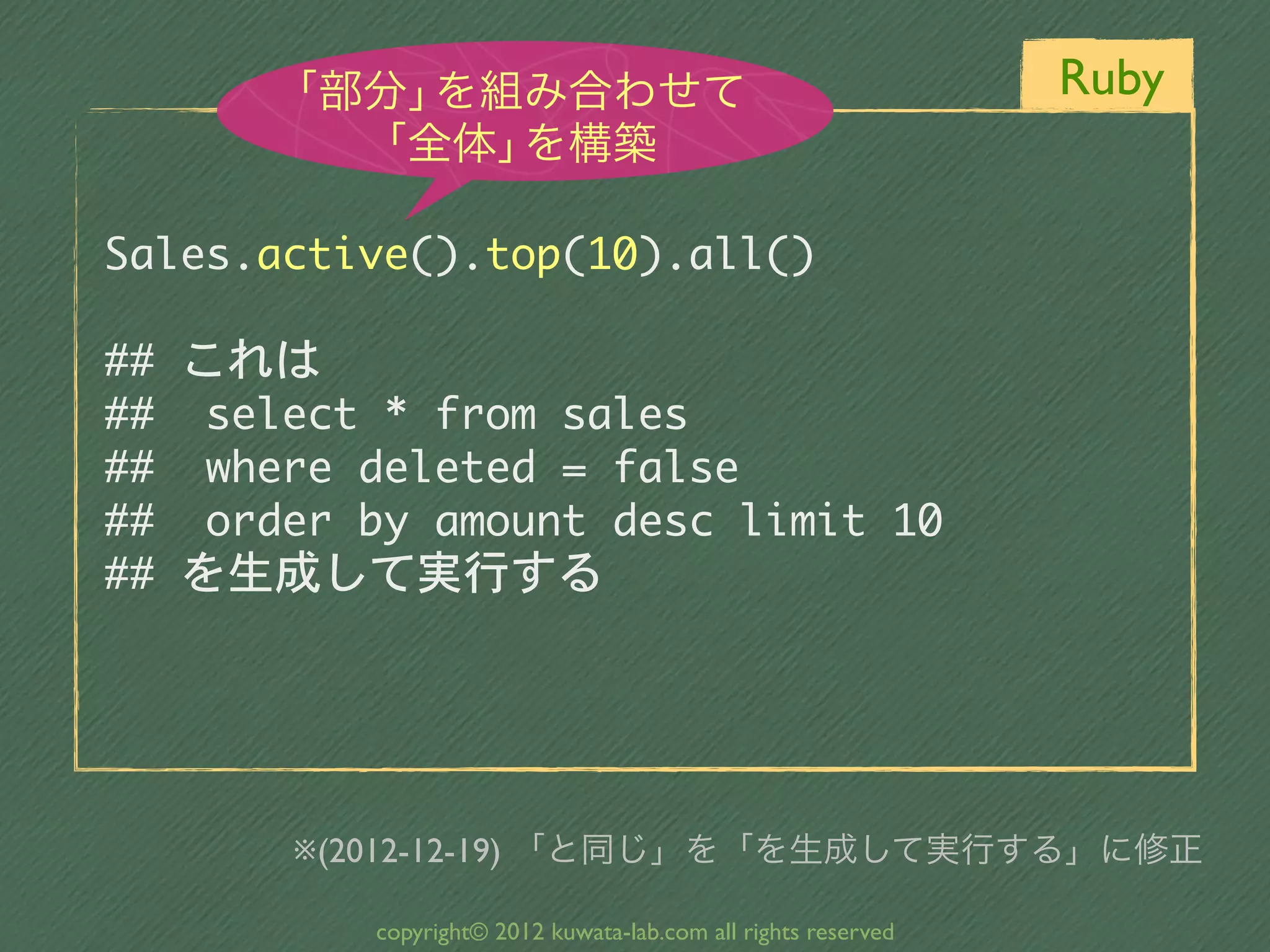 「部分」を組み合わせて                                              Ruby
          「全体」を構築

Sales.active().top(10).all()

##	 これは
##	 	 select	 *	 from	 sales
##	 	 where	 deleted	 =	 false
##	 	 order	 by	 amount	 desc	 limit	 10
##	 を生成して実行する




        ※(2012-12-19) 「と同じ」を「を生成して実行する」に修正

            copyright© 2012 kuwata-lab.com all rights reserved
 