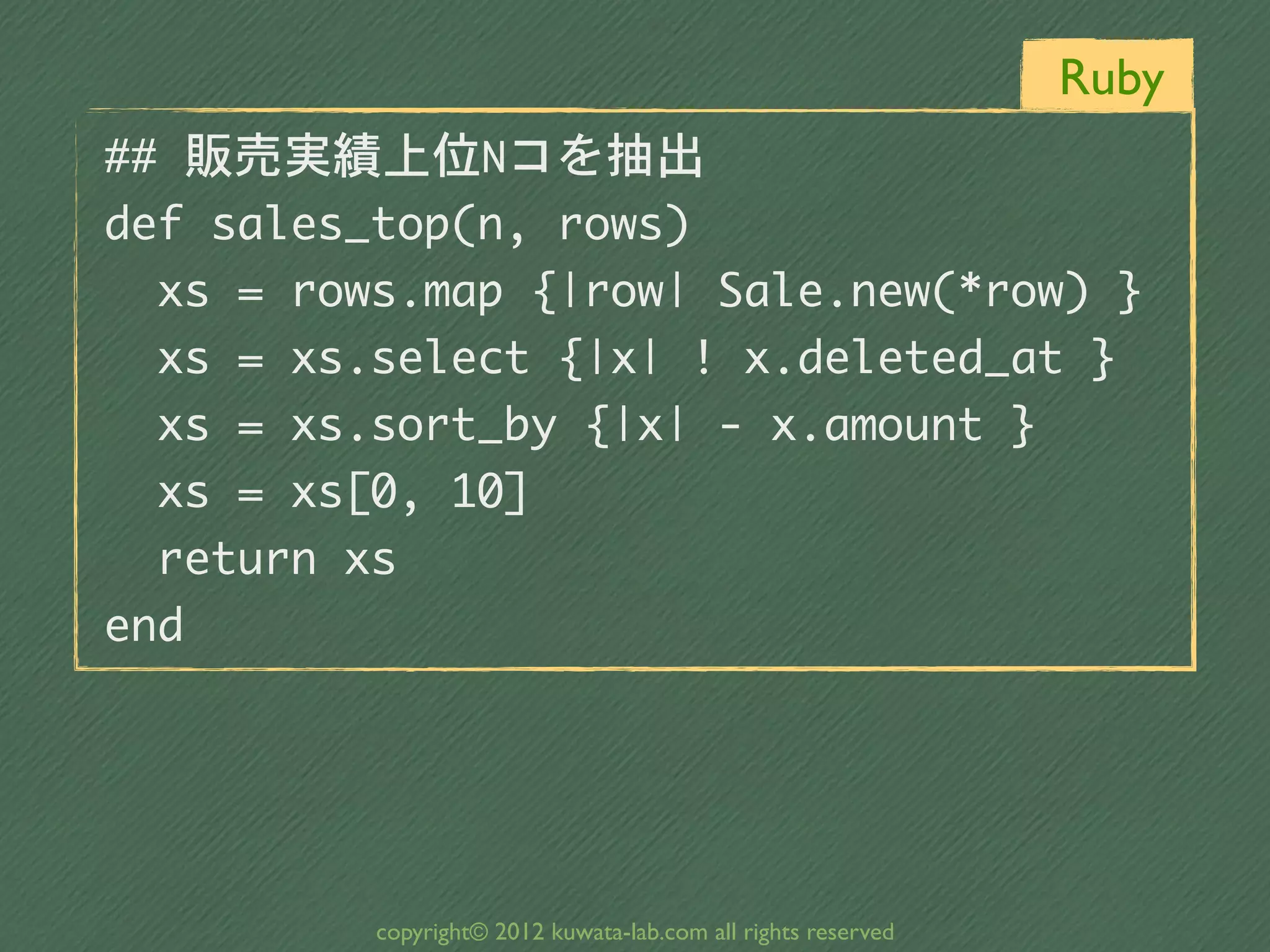 Ruby
##	 販売実績上位Nコを抽出
def	 sales_top(n,	 rows)
	 	 xs	 =	 rows.map	 {|row|	 Sale.new(*row)	 }
	 	 xs	 =	 xs.select	 {|x|	 !	 x.deleted_at	 }
	 	 xs	 =	 xs.sort_by	 {|x|	 -	 x.amount	 }
	 	 xs	 =	 xs[0,	 10]
	 	 return	 xs
end




            copyright© 2012 kuwata-lab.com all rights reserved
 