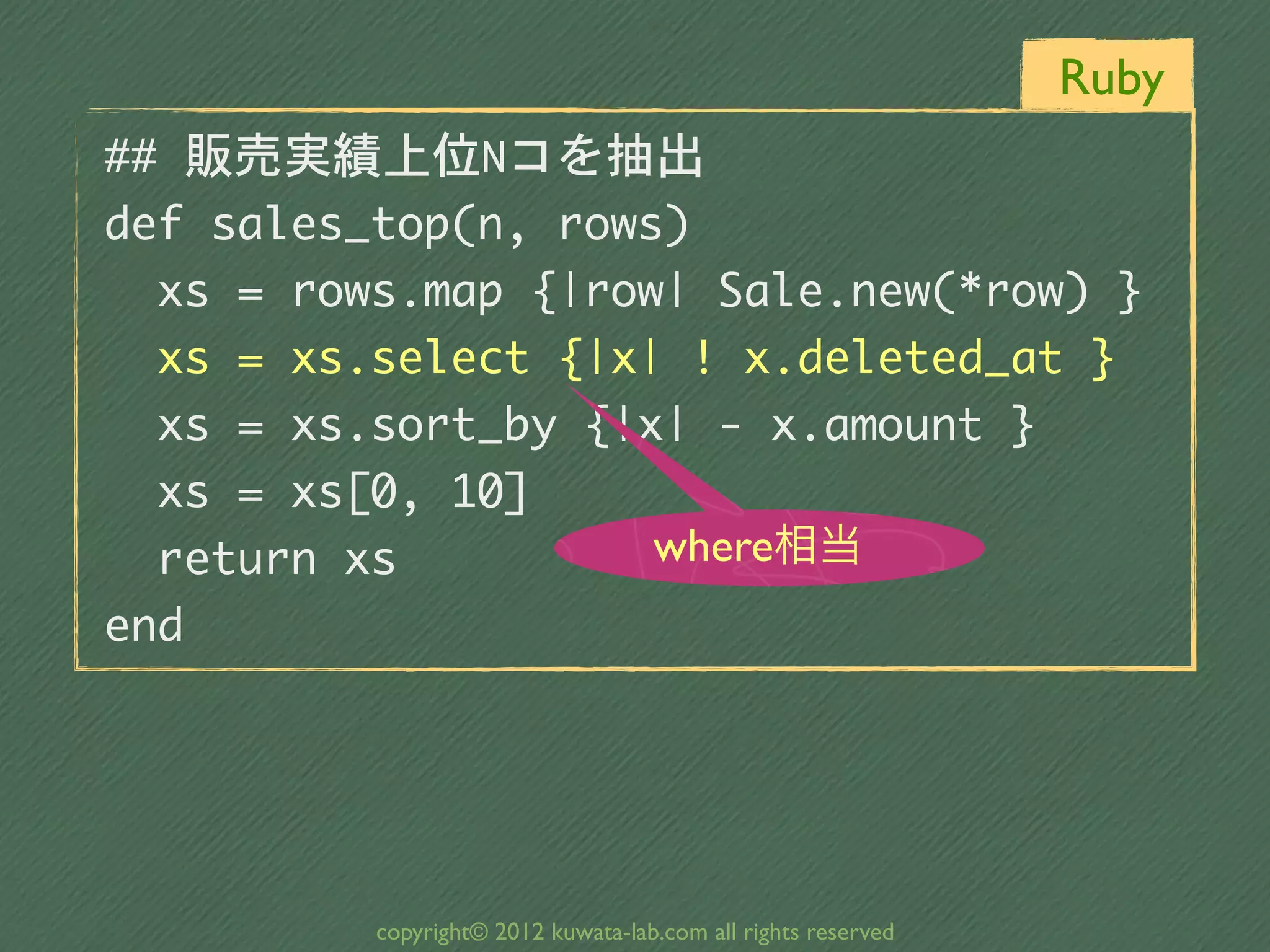 Ruby
##	 販売実績上位Nコを抽出
def	 sales_top(n,	 rows)
	 	 xs	 =	 rows.map	 {|row|	 Sale.new(*row)	 }
	 	 xs	 =	 xs.select	 {|x|	 !	 x.deleted_at	 }
	 	 xs	 =	 xs.sort_by	 {|x|	 -	 x.amount	 }
	 	 xs	 =	 xs[0,	 10]
	 	 return	 xs            where相当
end




            copyright© 2012 kuwata-lab.com all rights reserved
 