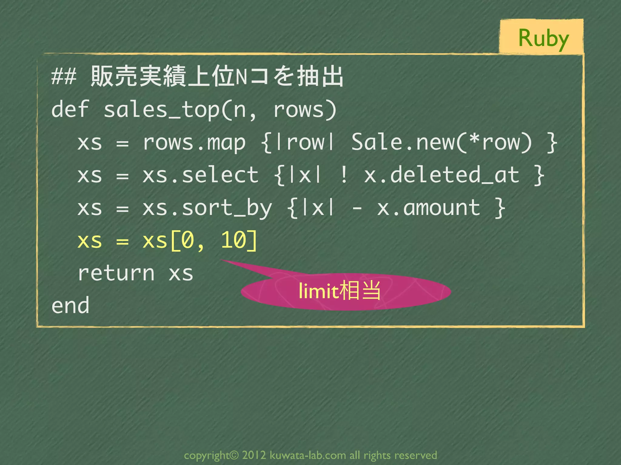 Ruby
##	 販売実績上位Nコを抽出
def	 sales_top(n,	 rows)
	 	 xs	 =	 rows.map	 {|row|	 Sale.new(*row)	 }
	 	 xs	 =	 xs.select	 {|x|	 !	 x.deleted_at	 }
	 	 xs	 =	 xs.sort_by	 {|x|	 -	 x.amount	 }
	 	 xs	 =	 xs[0,	 10]
	 	 return	 xs
                        limit相当
end




            copyright© 2012 kuwata-lab.com all rights reserved
 
