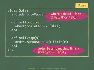 Ruby
class	 Sales
                          where deleted = false
	 	 include	 DataMapper::Resource
                                          に相当する「部分」
	 	 def	 self.active
	 	 	 	 where(:deleted	 =>	 false)
	 	 end

	 	 def	 self.top(n)
	 	 	 	 order(:amount.desc).limit(n)
	 	 end
end                 order by amount desc limit n
                          に相当する「部分」



             copyright© 2012 kuwata-lab.com all rights reserved
 
