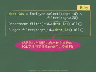 Ruby
dept_ids	 =	 Employee.select(:dept_id)	 
	 	 	 	 	 	 	 	 	 	 	 	 	 	 	 	 	 	 	 .filter(:age=>20)
Department.filter(:id=>dept_ids).all()
Budget.filter(:dept_id=>dept_ids).all()


         部品化した副問い合わせを複数の
         SQLで共用できる(with句より便利)




              copyright© 2012 kuwata-lab.com all rights reserved
 