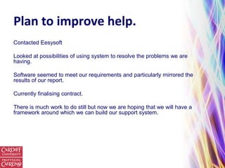Plan to improve help.
Contacted Eesysoft

Looked at possibilities of using system to resolve the problems we are
having.

Software seemed to meet our requirements and particularly mirrored the
results of our report.

Currently finalising contract.

There is much work to do still but now we are hoping that we will have a
framework around which we can build our support system.
 