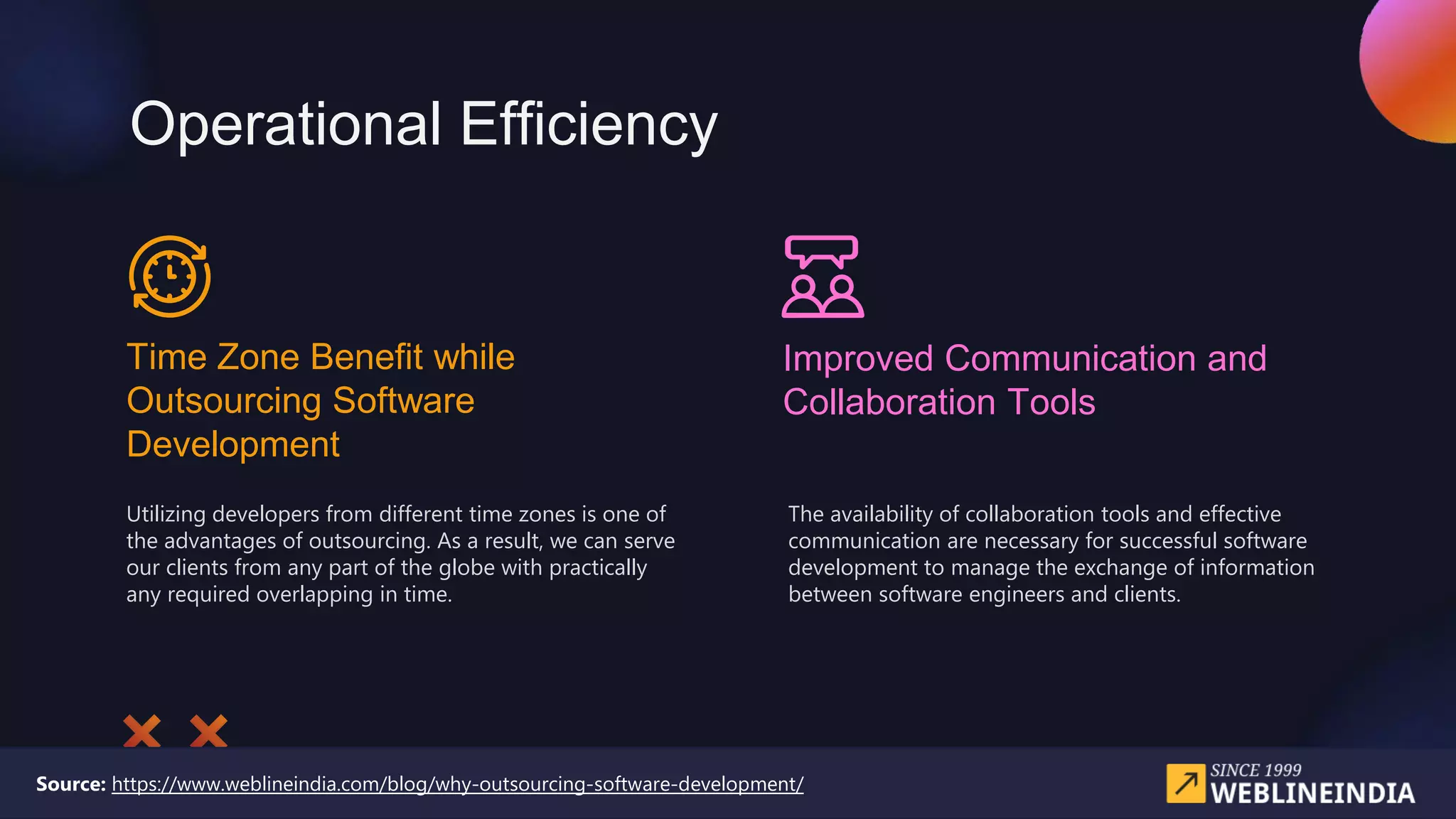Operational Efficiency
Time Zone Benefit while
Outsourcing Software
Development
Utilizing developers from different time zones is one of
the advantages of outsourcing. As a result, we can serve
our clients from any part of the globe with practically
any required overlapping in time.
Improved Communication and
Collaboration Tools
The availability of collaboration tools and effective
communication are necessary for successful software
development to manage the exchange of information
between software engineers and clients.
Source: https://www.weblineindia.com/blog/why-outsourcing-software-development/
 
