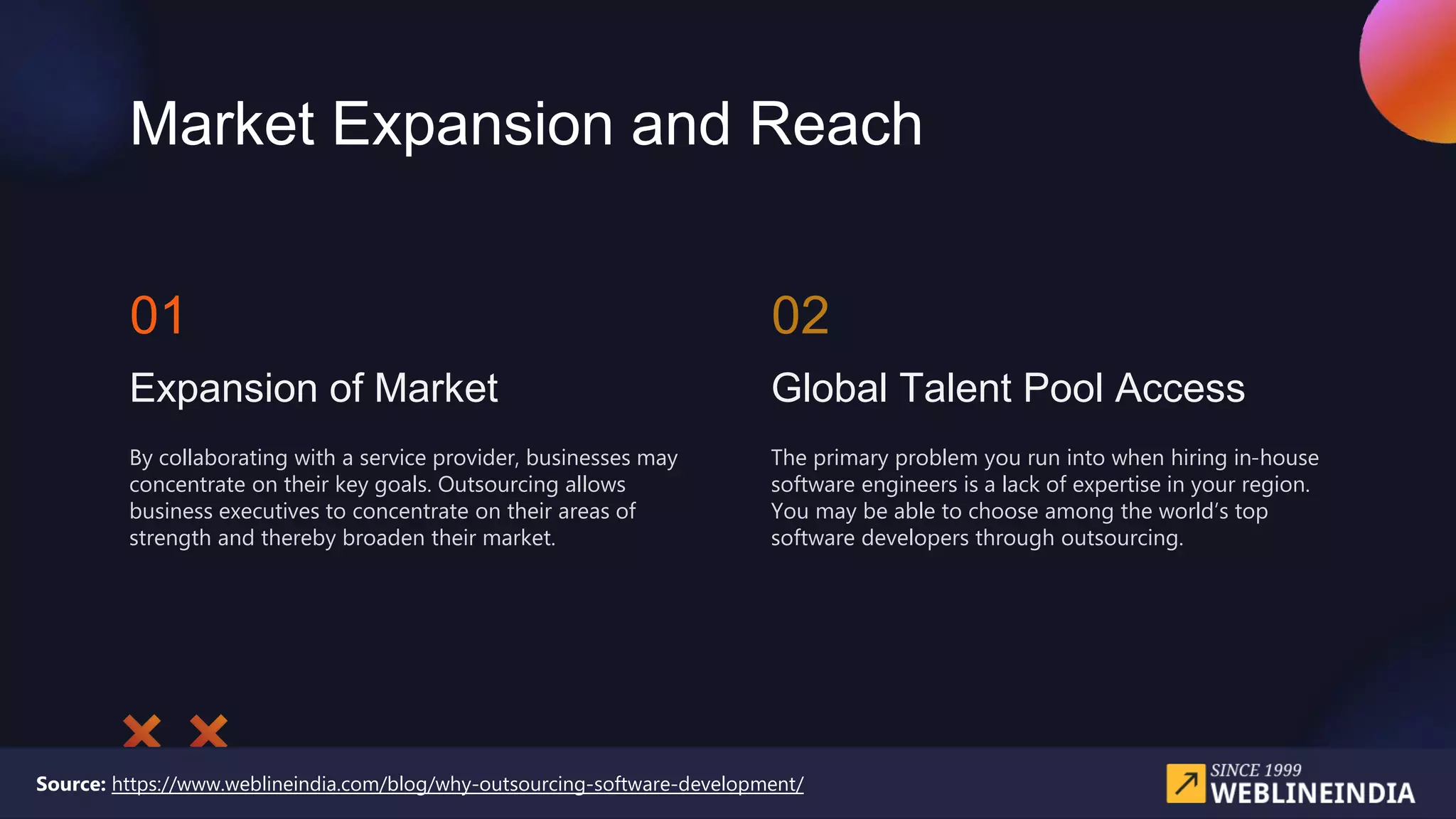 Market Expansion and Reach
Expansion of Market
01
By collaborating with a service provider, businesses may
concentrate on their key goals. Outsourcing allows
business executives to concentrate on their areas of
strength and thereby broaden their market.
Global Talent Pool Access
02
The primary problem you run into when hiring in-house
software engineers is a lack of expertise in your region.
You may be able to choose among the world’s top
software developers through outsourcing.
Source: https://www.weblineindia.com/blog/why-outsourcing-software-development/
 