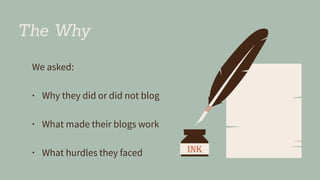 The Why
We asked:
• Why they did or did not blog
• What made their blogs work
• What hurdles they faced
 