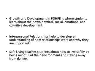 Growth and Development in PDHPE is where students learn about their own physical, social, emotional and cognitive development.Interpersonal Relationships help to develop an understanding of how relationships work and why they are important.Safe Living teaches students about how to live safely by being mindful of their environment and staying away from danger.