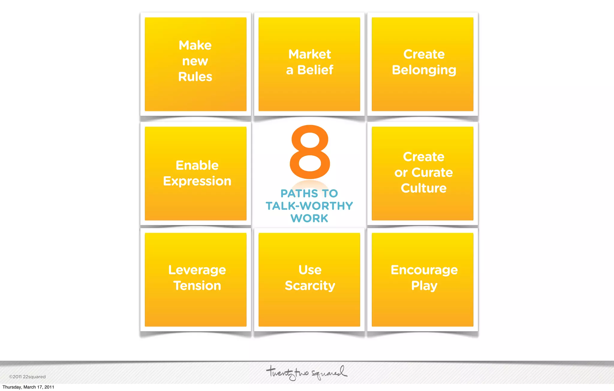 Make
                                          Market       Create
                             new
                                          a Belief    Belonging
                             Rules




                             Enable
                           Expression
                                          8
                                          PATHS TO
                                        TALK-WORTHY
                                                       Create
                                                      or Curate
                                                       Culture

                                           WORK



                           Leverage         Use       Encourage
                            Tension       Scarcity       Play




   ©2011 22squared

Thursday, March 17, 2011
 