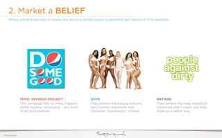 2. Market a BELIEF
     When a brand decides to make the world a better place, customers get behind it. For example:




                  PEPSI: REFRESH PROJECT                    DOVE                               METHOD
                  This campaign hits so many triggers:      They believe the beauty industry   They believe the soap industry’s
                  belief, express, belonging ... but most   sets harmful standards, and        chemicals aren’t clean, and they
                  of all, participation.                    celebrate “real beauty” instead.   show us a better way.




©2011 22squared
 