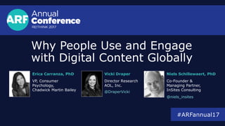 Why People Use and Engage
with Digital Content Globally
Niels Schillewaert, PhD
Co-Founder &
Managing Partner,
InSites Consulting
@niels_insites
#ARFannual17
Vicki Draper
Director Research
AOL, Inc.
@DraperVicki
Erica Carranza, PhD
VP, Consumer
Psychology,
Chadwick Martin Bailey
 