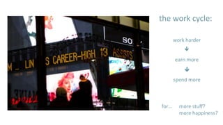 the work cycle:

       work harder
           

       earn more
           
       spend more



for…     more stuff?
         more happiness?
 