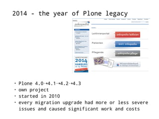 2014 - the year of Plone legacy 
• Plone 4.0➝4.1➝4.2➝4.3 
• own project 
• started in 2010 
• every migration upgrade had more or less severe 
issues and caused significant work and costs 
 