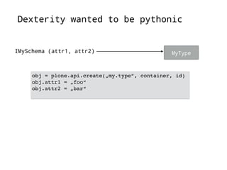Dexterity wanted to be pythonic 
IMySchema (attr1, attr2) MyType 
obj = plone.api.create(„my.type“, container, id) 
obj.attr1 = „foo“ 
obj.attr2 = „bar“ 
 