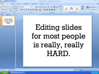 Editing slides  
for most people
is really, really
HARD.
Editing slides
for most people
is really, really
HARD.
 