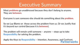 Execu6ve  Summary  
Most  problems  go  unaddressed  because  they  don’t  belong  to  anyone.  
They  are  between.  
  
Everyone  is  sure  someone  else  should  do  something  about  the  problem.  
  
So  we  Lay  Blame  on    those  across  the  problem  from  us.  Or  we  Jus6fy  that  
it’s  beyond  our  control  (because  it  is  between).  
  
The  problem  will  remain  un6l  someone  –  anyone  -­‐-­‐  steps  up  to  take  
Responsibility  for  solving  the  problem.  
  
Apply  the  Keys  to  Responsibility  –  Inten6on,  Awareness,  and  Confront.  
  
 