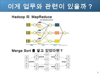 9 
이게 업무와 관련이 있을까 ? 
Hadoop 의 MapReduce 
Merge Sort 를 알고 있었다면 ? 
 