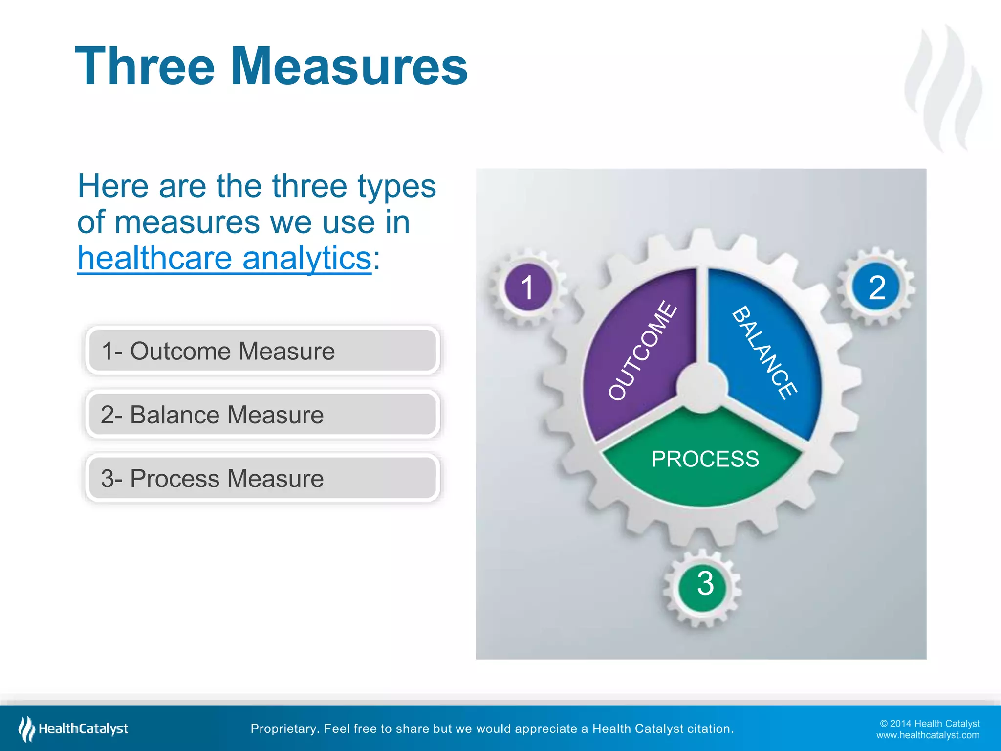 1 2 
© 2014 Health Catalyst 
www.healthcatalyst.com 
Three Measures 
Here are the three types 
of measures we use in 
healthcare analytics: 
PROCESS 
3 
1- Outcome Measure 
2- Balance Measure 
3- Process Measure 
Proprietary. Feel free to share but we would appreciate a Health Catalyst citation. 
 