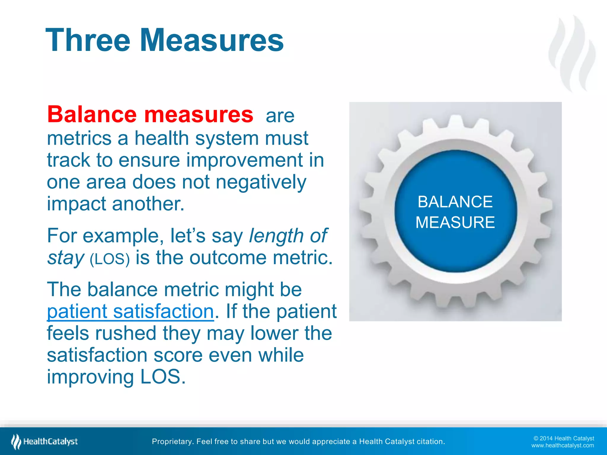 © 2014 Health Catalyst 
www.healthcatalyst.com 
Three Measures 
Balance measures are 
metrics a health system must 
track to ensure improvement in 
one area does not negatively 
impact another. 
For example, let’s say length of 
stay (LOS) is the outcome metric. 
The balance metric might be 
patient satisfaction. If the patient 
feels rushed they may lower the 
satisfaction score even while 
improving LOS. 
BALANCE 
MEASURE 
Proprietary. Feel free to share but we would appreciate a Health Catalyst citation. 
 