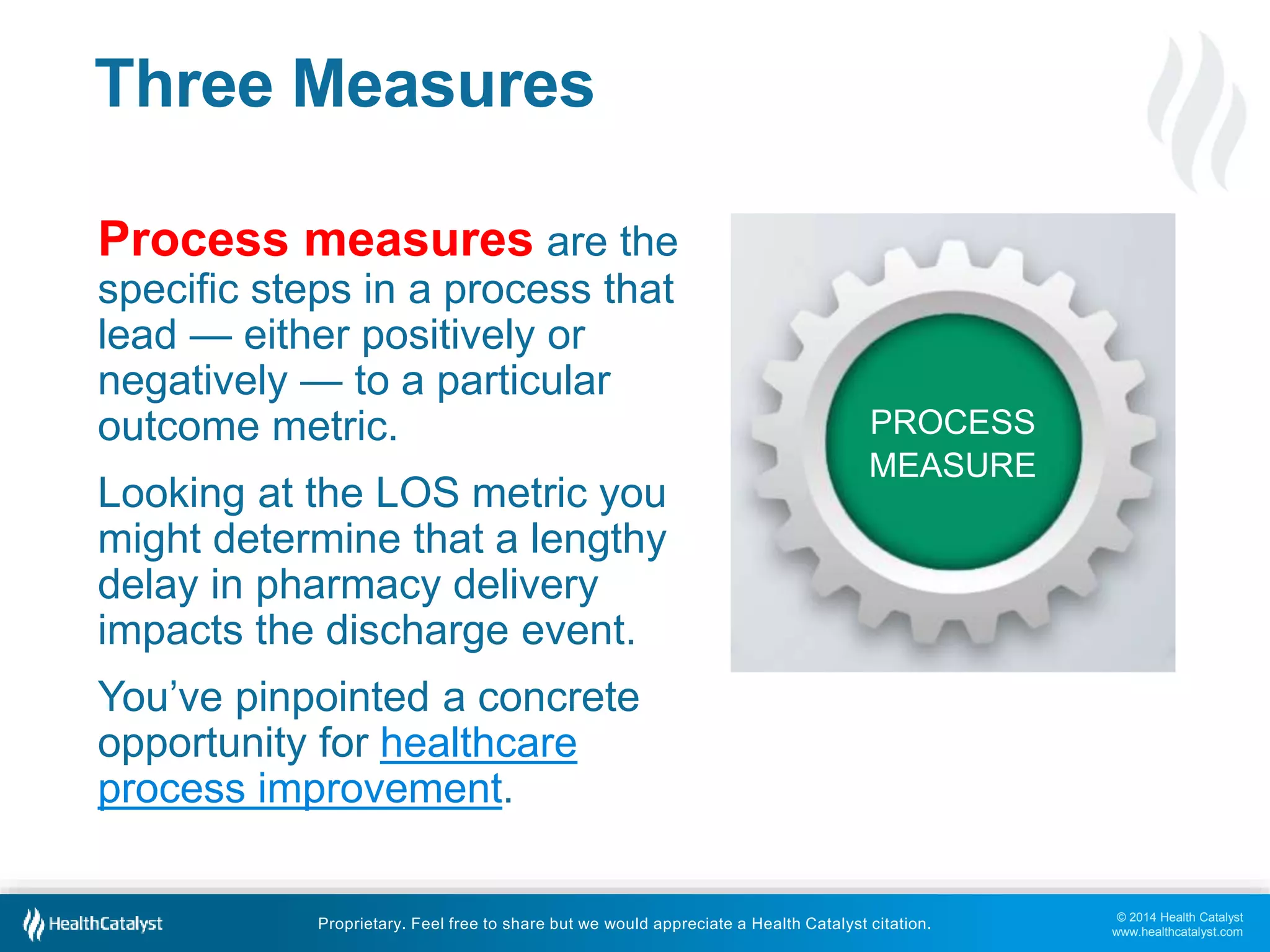 © 2014 Health Catalyst 
www.healthcatalyst.com 
Three Measures 
Process measures are the 
specific steps in a process that 
lead — either positively or 
negatively — to a particular 
outcome metric. 
Looking at the LOS metric you 
might determine that a lengthy 
delay in pharmacy delivery 
impacts the discharge event. 
You’ve pinpointed a concrete 
opportunity for healthcare 
process improvement. 
PROCESS 
MEASURE 
Proprietary. Feel free to share but we would appreciate a Health Catalyst citation. 
 