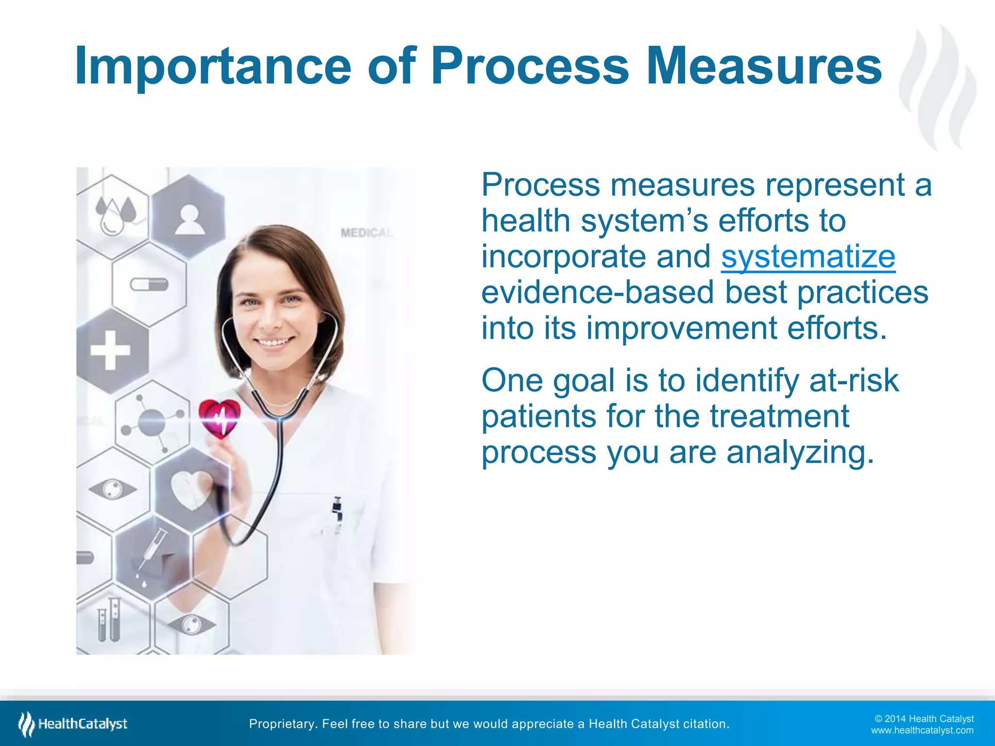 Importance of Process Measures 
Process measures represent a 
health system’s efforts to 
incorporate and systematize 
evidence-based best practices 
into its improvement efforts. 
One goal is to identify at-risk 
patients for the treatment 
process you are analyzing. 
© 2014 Health Catalyst 
www.healthcatalyst.com 
Proprietary. Feel free to share but we would appreciate a Health Catalyst citation. 
 