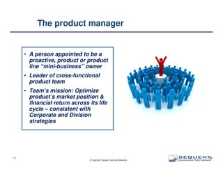 The product manager

• A person appointed to be a
proactive, product or product
line “mini-business” owner
• Leader of cross-functional
product team
• Team’s mission: Optimize
product’s market position &
financial return across its life
cycle – consistent with
Corporate and Division
strategies

15

© Copyright Sequent Learning Networks

®

 