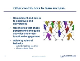 Other contributors to team success
• Commitment and buy-in
to objectives and
deliverables
• Use metrics that shape
performance and guide
activities and crossfunctional engagement
• Abide by rules of
behavior
– Attend meetings (on time)
– Communicate risks

30

© Copyright Sequent Learning Networks

®

 