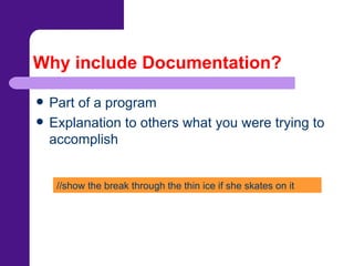 Why include Documentation? Part of a program Explanation to others what you were trying to accomplish //show the break through the thin ice if she skates on it 