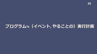 プログラム≒（イベント, やることの）実行計画
26
 