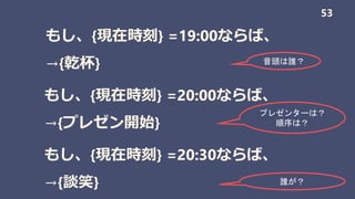 もし、{現在時刻} =19:00ならば、
→{乾杯}
53
もし、{現在時刻} =20:00ならば、
→{プレゼン開始}
もし、{現在時刻} =20:30ならば、
→{談笑}
音頭は誰？
プレゼンターは？
順序は？
誰が？
 