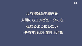 より複雑な手続きを
人間にもコンピュータにも
伝わるようにしたい
→そうすれば生産性上がる
63
 