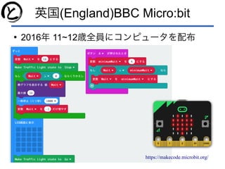 英国(England)BBC Micro:bit
●
2016年 11~12歳全員にコンピュータを配布
https://makecode.microbit.org/
 