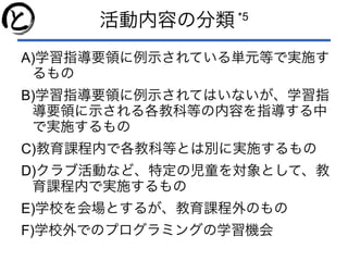 活動内容の分類 *5
A)学習指導要領に例示されている単元等で実施す
るもの
B)学習指導要領に例示されてはいないが、学習指
導要領に示される各教科等の内容を指導する中
で実施するもの
C)教育課程内で各教科等とは別に実施するもの
D)クラブ活動など、特定の児童を対象として、教
育課程内で実施するもの
E)学校を会場とするが、教育課程外のもの
F)学校外でのプログラミングの学習機会
 